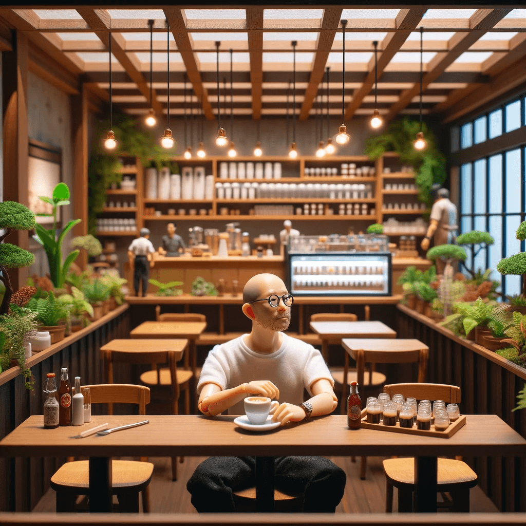 DALL·E 2024-01-15 18.37.21 - A diorama of a cafe similar to the first image, showcasing a broader view of the space. The scene includes a bald Asian man in his mid-30s, wearing gl.png