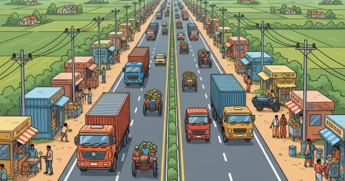 Conceptual illustration of a busy 4-lane highway in Bihar, trucks carrying goods, farmers transporting crops, roadside businesses, representing economic growth.webp