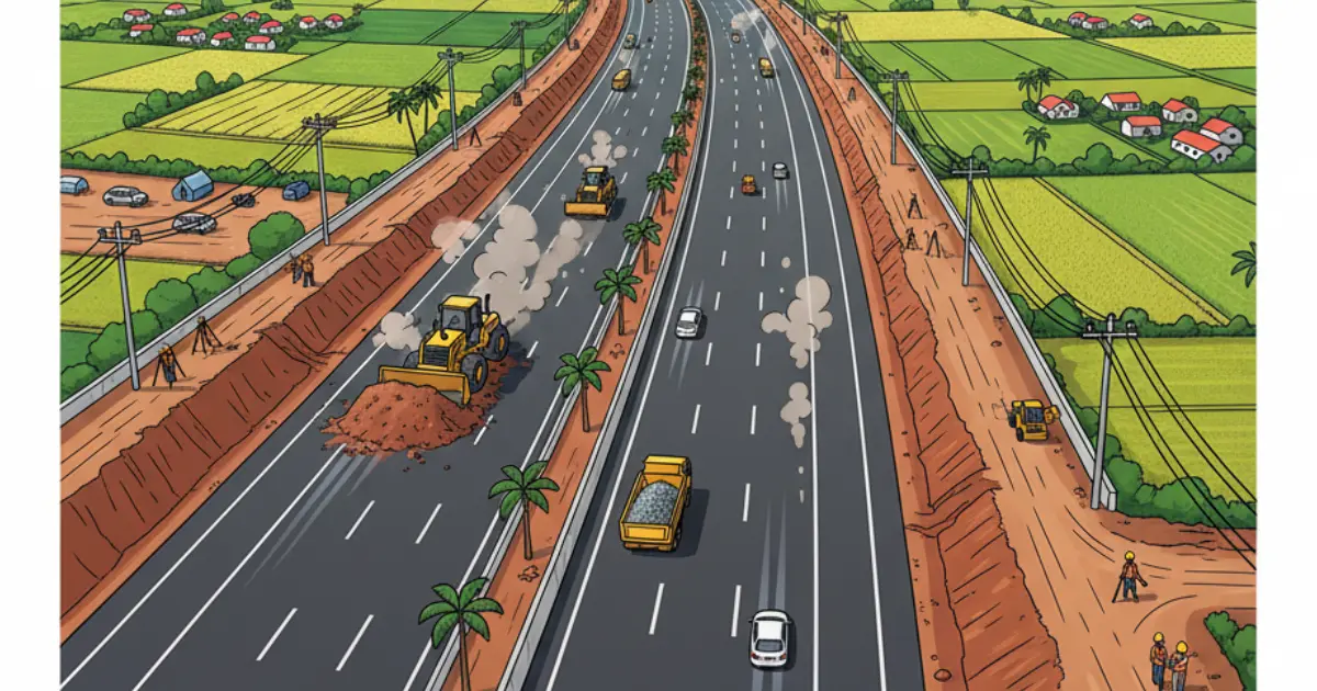 Construction of Sahebganj–Bettiah 4-lane highway in Bihar showing heavy machinery, workers, and modern road-building equipment.webp