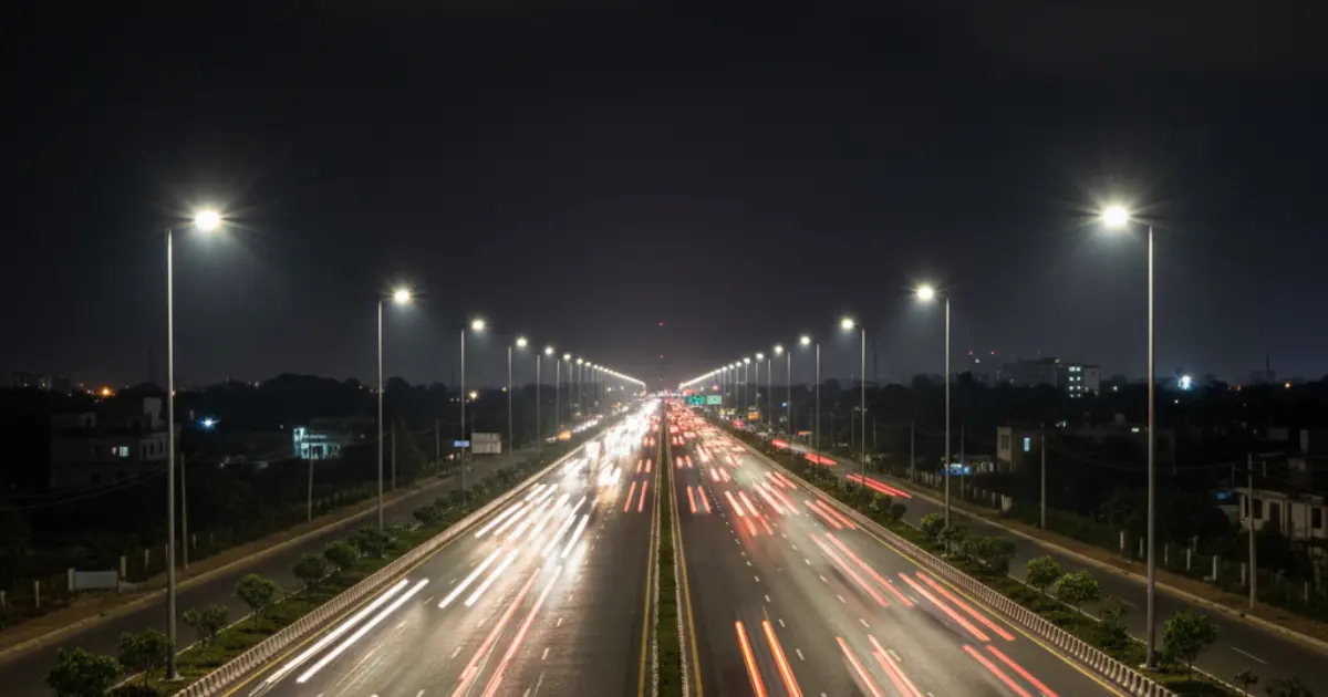 Realistic night scene of a 4-lane expressway in Bihar, India. Streetlights glowing, smooth black asphalt, moving headlights of vehicles, futuristic progress vibe.webp