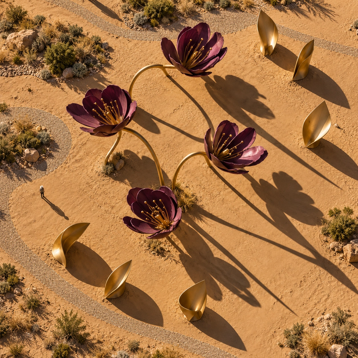 Aerial concept view of purple floral FRP sculptures and gold leaf forms on a sandy site.png