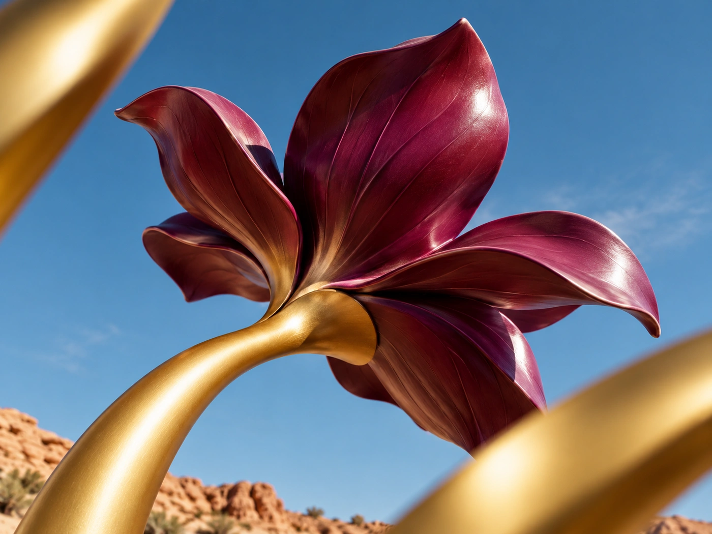 Close-up concept view of a purple FRP flower sculpture with a curved gold stem.png