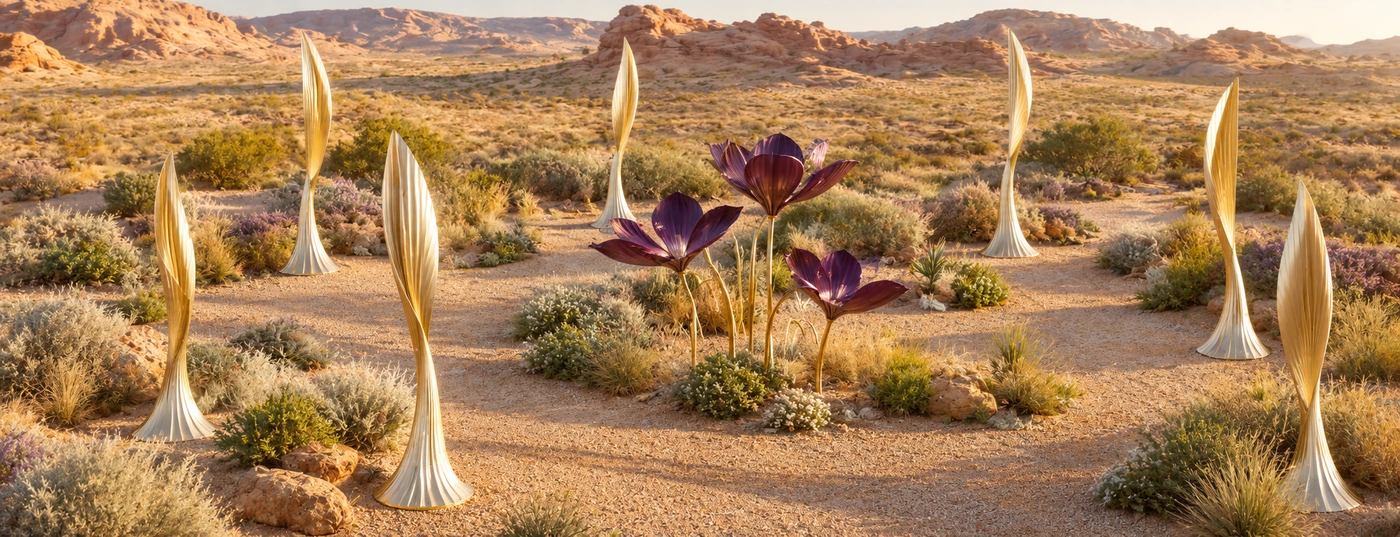 Concept view of gold leaf and purple floral FRP sculptures in a desert landscape.png